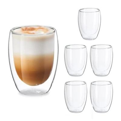 Image of Relaxdays Latte Macchiato Glasses, Set of 6, Double Walled Cups, 350 ml, Dishwasher Safe, Coffee Mugs, Transparent, Steel, 25 x 17 22 cm