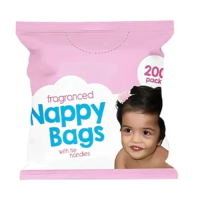 Image of ANGIX 200 x Fragranced Nappy Bags with Tie Handles, Disposable Sacks for Home &amp; Travel, Baby Waste Diaper Changing Bin (Pack of 1)