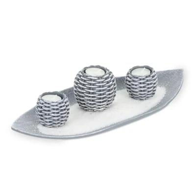 Image of Relaxdays Tea Light Holder, Set with Decorative Tray, 3 Candleholders &amp; Sand, for Living Dining Room, Grey/White