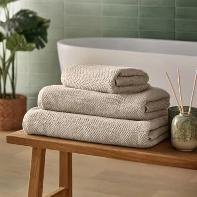 Image of Silentnight Popcorn Waffle Hand Towel Super Soft &amp; Absorbent Spa Like Towels 100% Cotton BCI Textured Quick Drying 90 x 50cm Machine Washable, Natural