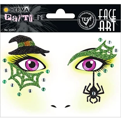 Image of HERMA 15317 Face Art Sticker Witch, Dermatologically Tested, Removable Stickers, Temporary Tattoos, Glitter Paint for Carnival, Halloween, Children and Adults, Colourful