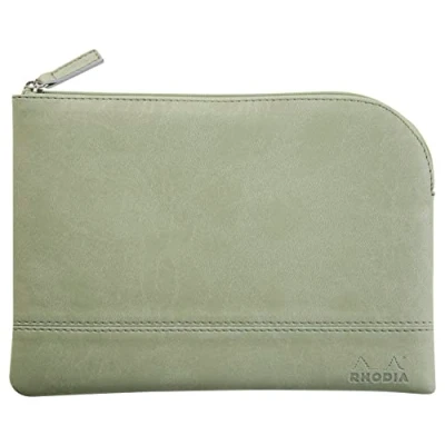 Image of RHODIA 116733C Faux Leather Zipped Pouch Celadon Size L (21x28 cm) Real Stitching Orange Fabric Interior Storage for Documents, Small Supplies