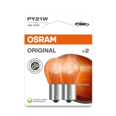 Image of OSRAM ORIGINAL PY21W halogen, signallamp, turn signal light, 7507 02B, 12V, double blister (Pack of 2) , Orange
