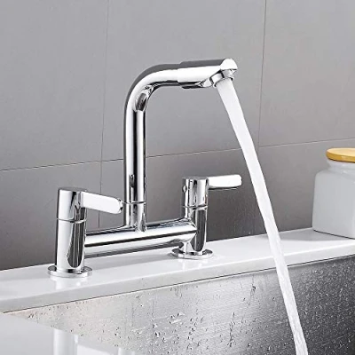 Image of Kitchen Sink Mixer Taps 2 Hole Deck Mounted Twin Lever Chrome 1/4 Turn Modern 360 Swivel Spout Basin Faucet