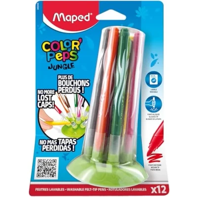 Image of Maped Jungle Innovation Felt Pens 12 Washable Colouring With Compact Storage System No More Lost Lids!