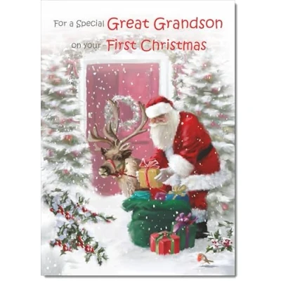 Image of doodlecards Great Grandsons 1st First Christmas Card Santa with Parcels Medium Size for Plain Envelope