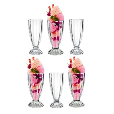 Image of 6 x Milkshake Soda Glasses 340ml Knickerbocker Glory Ice Cream Sundae Dessert American Diner Style Fountain Long Tall Smoothie Fruit