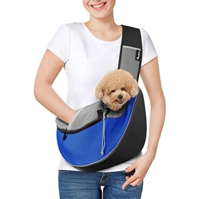 Image of Pawaboo Dog Sling Carrier, Papoose with Zipper Touch Pocket, Hand Free Breathable Mesh Puppy Crossbody Satchel Purse Adjustable Strap for Outdoor Travel, Blue, Medium