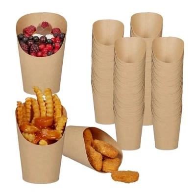Image of Relaxdays Kraft Paper Cup, Set of 100, Chips, Ice Cream, Popcorn, Go, 400ml, Cardboard Snack Cone, Brown, 12 x 6 cm