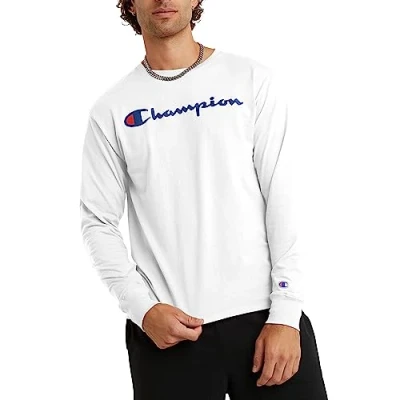 Image of Champion Men&#039;s, Classic Long Sleeve, Comfortable, Soft T Shirt (Reg. Or Big &amp; Tall), White Script, S