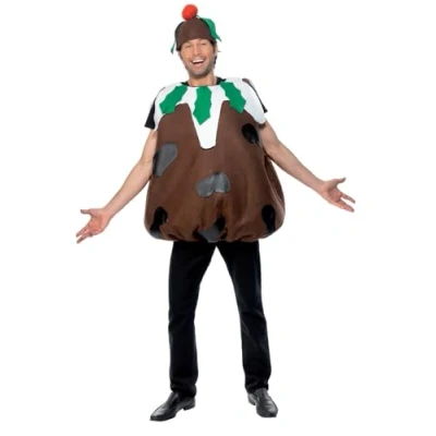 Image of Smiffys Christmas Pudding Costume, Brown with Tabard &amp; Hat, Adult Fancy Dress, Xmas Dress Up Costumes