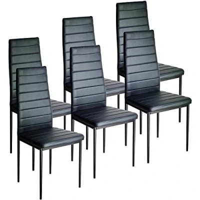 Image of BonChoice Set of 6 Black Dining Chairs PU Leather High Back with Metal Legs for Room Kitchen, Side Restaurant Office Meeting Home/Commercial