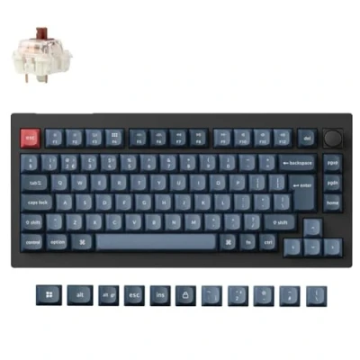Image of Keychron V1 Max 75% Custom Mechanical Keyboard ISO UK Layout, QMK Wireless Gaming with Programmable Knob, Hot Swappable Gateron Brown Switch RGB Backlits for Mac Windows Linux
