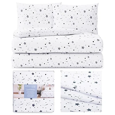Image of AmeliaHome 3 Piece Bed Linen 200 x cm with 2 Pillowcases 80 100% Cotton Zip Averi Star Pattern Constellation