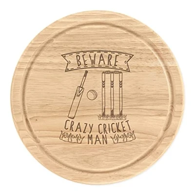 Image of Beware Crazy Cricket Man Wooden Chopping Cheese Board Round 25cm