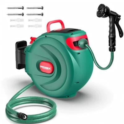 Image of HICHIKA Hose Reel 20M Wall Mounted Retractable for Garden, Auto Lock and Rewind, 8 Function Spray Gun, 180Swivel Box, Outdoor Watering Securely Store
