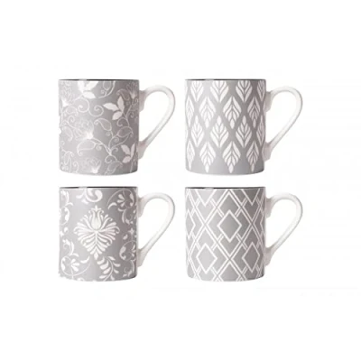 Image of RSW Set Of 4 Porcelain Mugs Coffee Tea Cup 17oz Grey White Floral Geometric