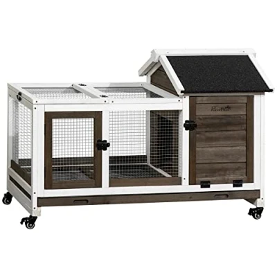 Image of PawHut Wooden Rabbit Hutch with Wheels, Guinea Pig Cage, Small Animal House for Outdoor &amp; Indoor Slide out Tray, 108 x 58 73.5cm, Brown