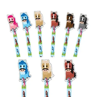 Image of 9 x Brightly Coloured Pony HB Pencils with Large Shaped Eraser Topper. Ideal Party Bag Filler, End of Term Gift, Student Gift or Stocking Filler