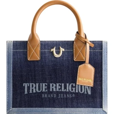 Image of True Religion Women&#039;s Tote Bag, Medium Travel Purse Handbag with Adjustable Shoulder Strap and Horseshoe Logo, Denim