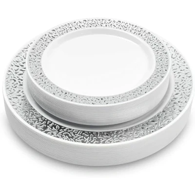 Image of MATANA 40 Premium White Plastic Plates with Silver Lace Rim 20 26cm Dinner Plates, 19cm Dessert Elegant &amp; Reusable Party for Weddings, Birthdays, BBQ, Parties