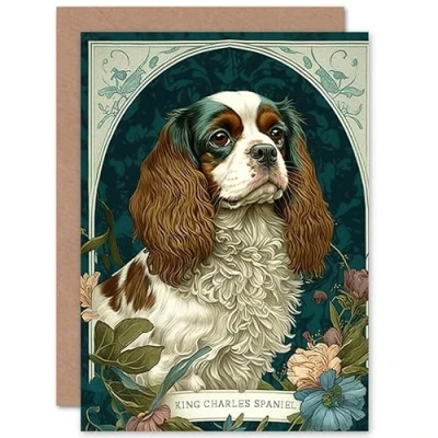 Image of Artery8 King Charles Spaniel Dog with Flower Blooms Modern Art Nouveau Illustration Birthday Sealed Greeting Card Plus Envelope Blank inside