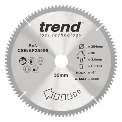 Image of Trend Aluminium &amp; Plastic Circular Saw Blade, 254mm Diameter, 30mm Bore, 96 Teeth, TCT, 2.8mm Kerf, 6 Hook, CSB/AP25496
