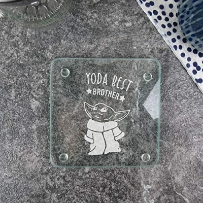 Image of eBuyGB Personalised Square Glass Coaster, Engraved Baby Yoda Star Wars Themed Drinks Mat, Funny Gifts from Sister, Brother (Yoda Best Brother)