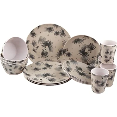 Image of BWG Melamine Plastic Dinner Set Grey Daisy Design Plate Cup Bowl (16 Piece Set)