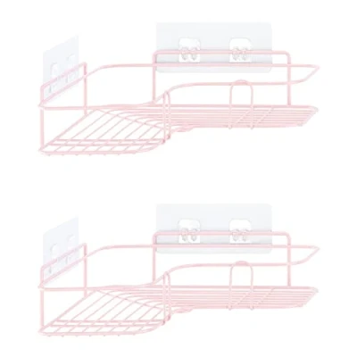 Image of Navaris Corner Shower Caddy Set of 2 No Drilling Bathroom Shelves Self Adhesive Wall Mounted Basket Shelf Storage Organiser Holder Racks Pink
