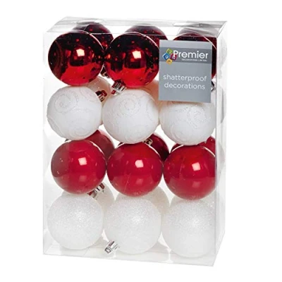 Image of Shatterproof Christmas baubles 24 Pack 60mm Premier Tree Decoration, matt, shinny and glitter (Red &amp; White 4204)