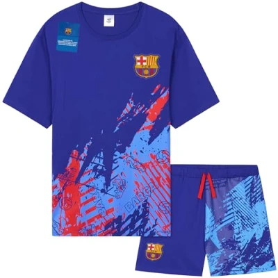 Image of Get Trend FC Barcelona Mens Pyjamas Set Short PJs Soft Breathable Nightwear Sleepwear Summer Lounge Football Gifts (M, Blue Barcelona)