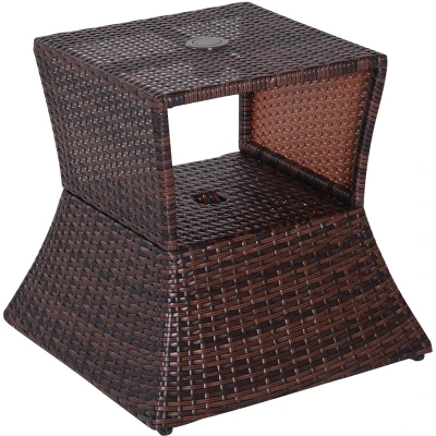 Image of Outsunny Rattan Side Table Outdoor Tea Coffee with Umbrella Hole for Bistro Patio Garden