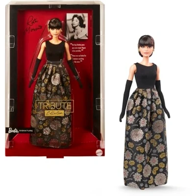 Image of Barbie Signature Tribute Collection Rita Moreno Collectible Doll in Black and Gold Dress with Gloves Shoes Stand