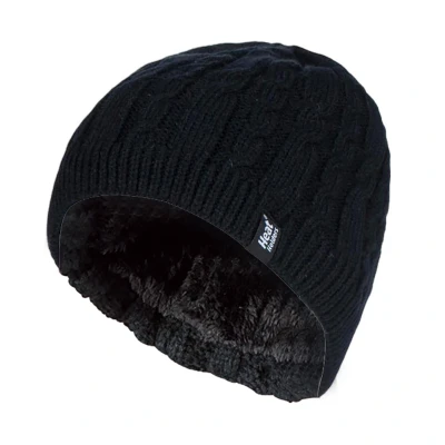 Image of HEAT HOLDERS Womens Ribbed Cable Knit Fleece Lined Thermal Winter Knitted Beanie Hat (One Size, Black (Alesund))