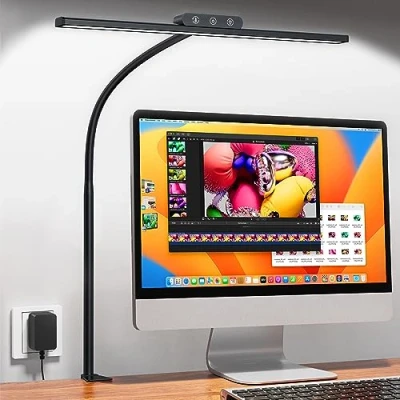 Image of EppieBasic Desk Lamp, LED Lamp for Home Office, Eye Caring Architect Light with Clamp, Overhead Monitor 4 Color Modes &amp; Brightness, Modern Table Work Study and Read