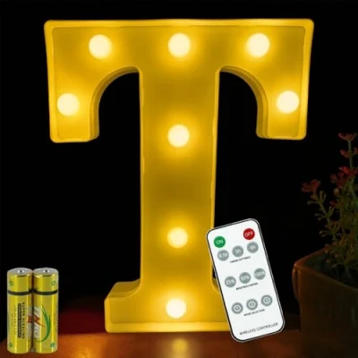 Image of HONPHIER® Letter Lights Decorative LED Alphabet Remote Control Marquee Decoration Light Up Sign Battery Operated for Birthday Party Wedding Receptions Holiday Bar Home Bedroom Bath Decor (T)