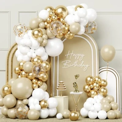 Image of White Gold Balloon Arch Kit, 100pcs Sand Garland with Beige Balloons for Birthday Party Decoration Boho Wedding Anniversary Baby Shower Engagement Gender Reveal Bridal Decor