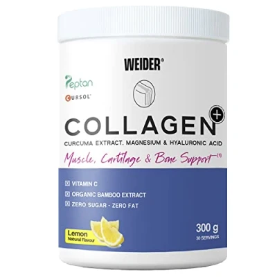 Image of Weider Collagen Plus. Powder Preparation with peptides (Peptan), hyaluronic Acid, Magnesium and Vitamin C. 100% Peptan. Fat Free. Sugar Keto. 300g
