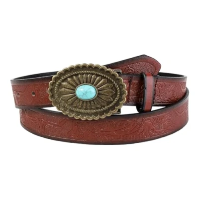 Image of X Institute Casual Embossed Pattern PU Belt For Women Bohemian Turquoises Buckle Belts Waistband Elegant Girl Jeans Western Waist