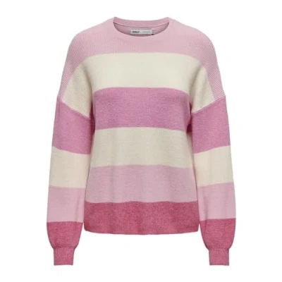 Image of ONLY Women&#039;s Onlatia L/S KNT Noos Pullover Sweater, Pink Lady/Stripes: w. Jetstream/Moonlight/Pink Yarrow, XS