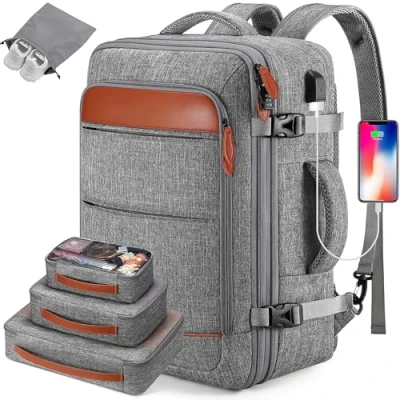 Image of Bagsure Travel Backpack, 42L Carry on Luggage, Flight Approved Laptop Backpack With Packing Cubes and Shoe Pocket, Grey brown (Backpack 4 Cubes), L,