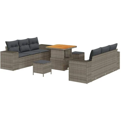 Image of vidaXL 9 Piece Garden Sofa Set with Cushions Grey Poly Rattan Acacia