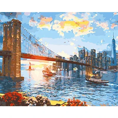 Image of Awesocrafts Paint by Numbers Kits, New York Brooklyn Bridge Number Painting for Adults and Kids 16x20 inch Framed or Not (Bridge, No Frame)