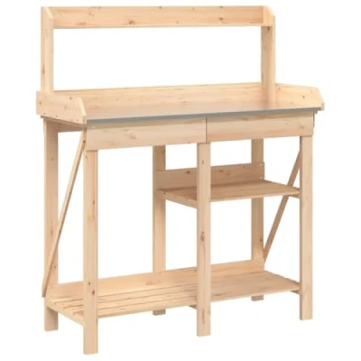 Image of vidaXL Potting Bench with Shelves Solid Fir Wood Construction, Zinc Top Workbench, Drawer Storage for Garden, Patio, Greenhouse
