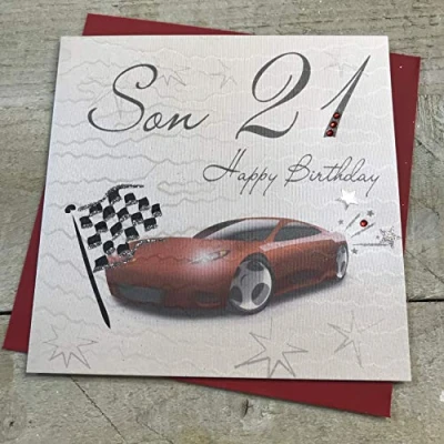 Image of WHITE COTTON CARDS Son 21 Happy Handmade 21st Birthday Card (Racing car)