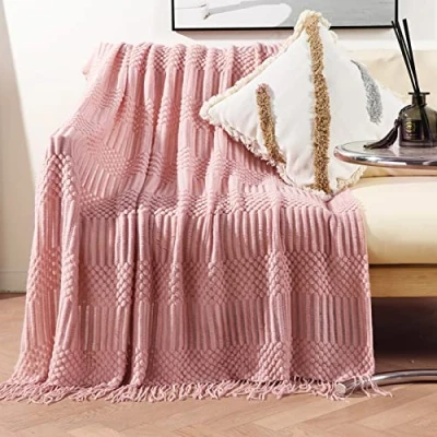 Image of LumiSyne Knitted Throw Blanket With Tassel Solid Color Bubble Pattern Cozy Soft Throws Bedspread Couch Cover Decorative For Sofa Bed Settee 230x130cm