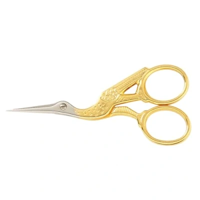 Image of Gingher Stork Embroidery Scissors and Leather Sheath 3.5&quot; Craft for Fabric, Thread, Needlework Yarn Cutting Gold