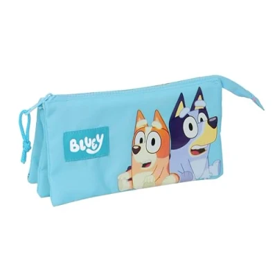 Image of Safta Blue Triple Pencil Case, Children&#039;s Ideal for School Ages, Comfortable and Versatile, Quality Resistance, 22 x 3 12 cm, Sky Blue, Light Estándar, Casual