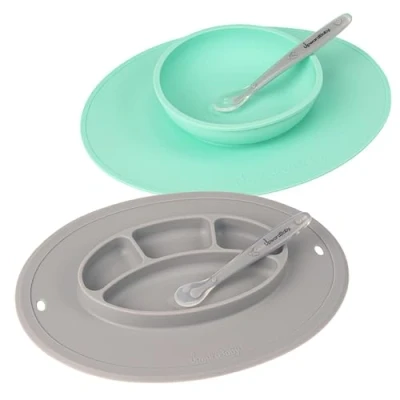 Image of UpwardBaby Suction Plates &amp; Bowls for Baby Toddler Essentials Silicone Plate Bowl with 2 Spoons Self Feeding 6 Months Kids Utensils Supplies BPA Free